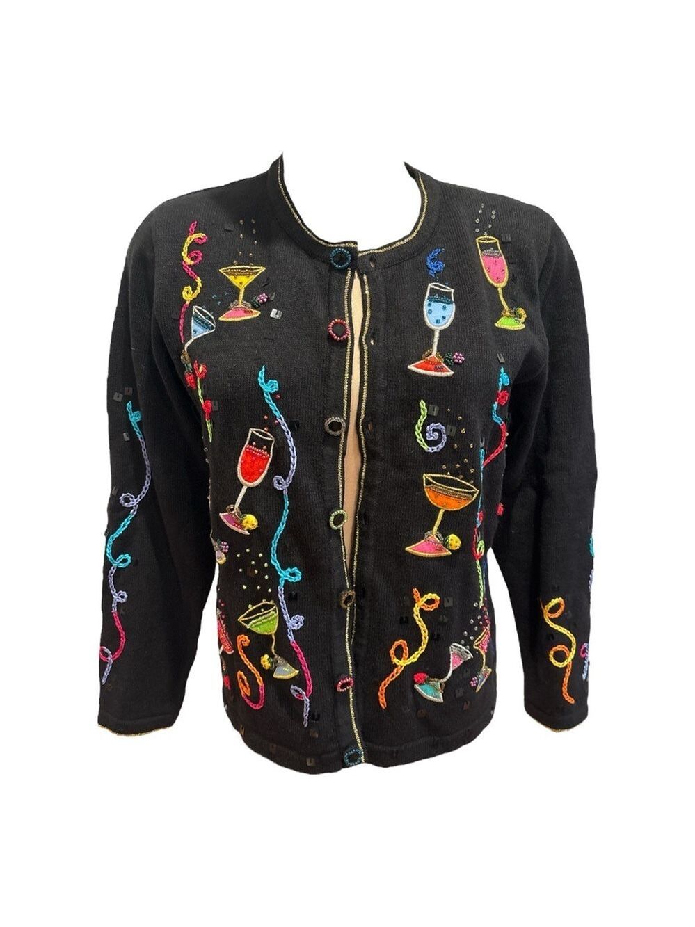 80s BERER 2 BLACK & MULTI-COLOR COCKTAILS HOUR W STREAMERS CARDIGAN SWEATER SZ S - Picture 3 of 12